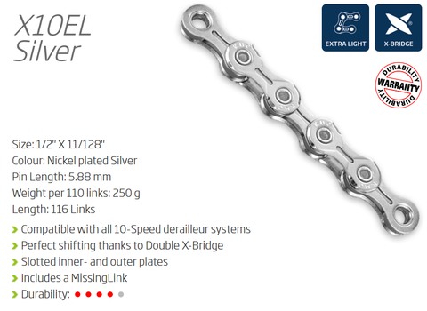 CHAIN - 10 Speed - KMC X10EL - 116L - SILVER - X-Light - w/Connect Link