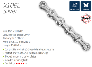 CHAIN - 10 Speed - KMC X10EL - 116L - SILVER - X-Light - w/Connect Link