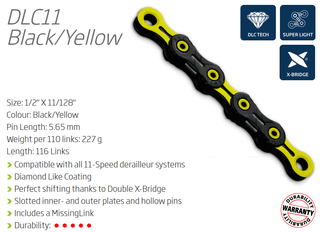 CHAIN - 11 Speed - KMC DLC11 - 116L - YELLOW/BLACK - DLC Diamond Hard - X-Superlight - w/Connect Link