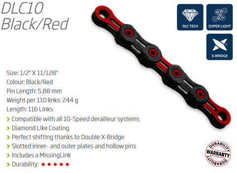 AA  SPECIAL - CHAIN - 10 Speed - KMC DLC10 - 116L - RED/BLACK - DLC Diamond Hard - X-Superlight - w/Connect Link