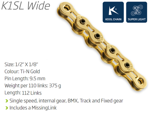 CHAIN - Single Speed - KMC K1SL - 112L - Ti-N GOLD - w/Connect Link