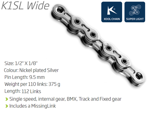 CHAIN - Single Speed - KMC K1SL - 112L - SILVER - w/Connect Link