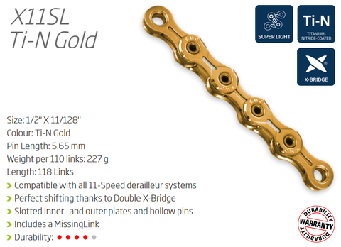 CHAIN - 11 Speed - KMC X11SL - 118L - Ti-N GOLD - X-Superlight - w/Connect Link