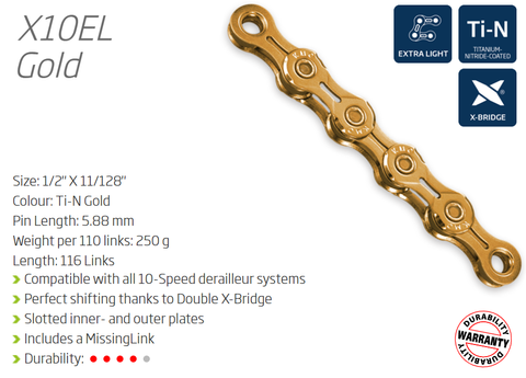 CHAIN - 10 Speed - KMC X10EL - 116L - Ti-N GOLD - X-Light - w/Connect Link