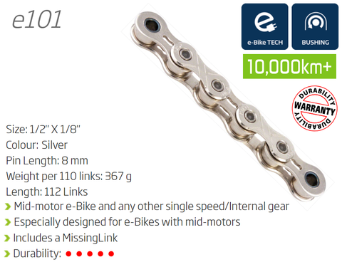 CHAIN - Single Speed - KMC E101 - 112L - SILVER - w/Connect Link - (Ebike Chain, higher pin power for e-Bike torque)