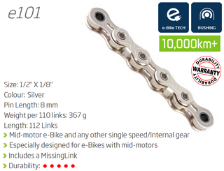 CHAIN - Single Speed - KMC E101 - 112L - SILVER - w/Connect Link - (Ebike Chain, higher pin power for e-Bike torque)