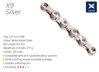 CHAIN - 9 Speed - KMC X9 - 116L - SILVER - w/Connect Link