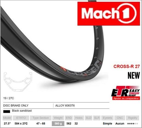 RIM 27.5/650B x 27mm - Mach1 CROSS R 27 - 32H - (584 x 27) - Presta Valve - Disc Brake - D/W - BLACK - Eyeleted - Tubeless Ready - Made in France - (ERD 562)