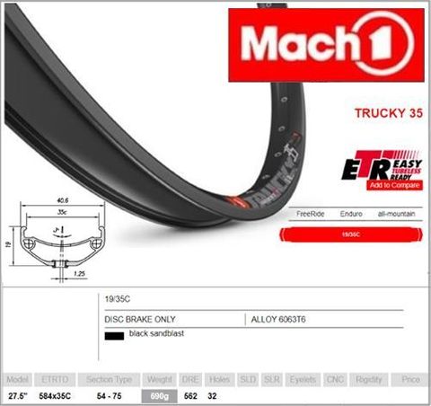 RIM 27.5/650B x 35mm - Mach1 TRUCKY 35 - 32H - (584 x 35) - Presta Valve - Disc Brake - D/W - BLACK - Eyeleted - Tubeless Ready - Made in France - (ERD 562)