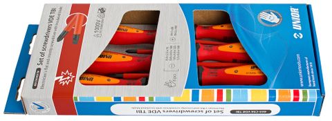 Unior Set of 6 screwdrivers VDE TBI 617042 electrician´s with insulated blade 4x VDETBI  dim. 0.4x2.5x75, 0.8x4.0x100, 1.0x5.5x125, 1.2x6.5x150, 2x VDETBI crosstip (PH)  dim. PH 1x80, PH 2x100