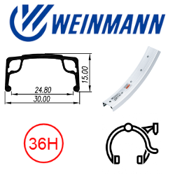 RIM 20" x 24mm - WEINMANN AS7X - 36H - (406 x 24) - Schrader Valve - Rim Brake - S/W - SILVER - (396 ERD)