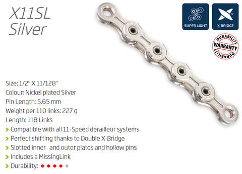 CHAIN - 11 Speed - KMC X11SL - 118L - SILVER - X-Superlight - w/Connect Link