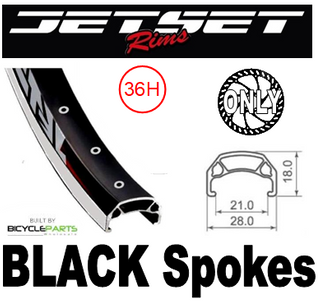 WHEEL - 700C Jetset CH-E213 36H P/j Black Rim,  FRONT Q/R (100mm OLD) 6 Bolt Disc Loose Ball Joytech Black Hub,  Mach 1 BLACK Spokes
