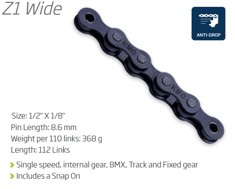 CHAIN - Single Speed - KMC Z1 - 112L - BLACK - w/Connect Link