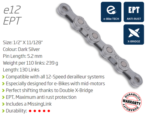 CHAIN - 12 Speed - KMC E12 EPT - 130L - DARK SILVER - EcoPro TeQ Coating - w/Connect Link - (Ebike Chain, higher pin power for e-Bike torque)