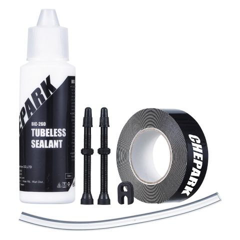 CHEPARK Tubeless sealant set, 250ml Sealant, 1 x 30mm width tape, 2 x 40mm valves, Valve Core Removal Too