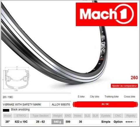 RIM 700c x 19mm - Mach1 260 - 36H - (622 x 19) - Schrader Valve - Rim Brake - D/W - BLACK - Eyeleted - MSW - (HEAVY LOADING BIKE/E-BIKE Compatible) - (ERD 599)