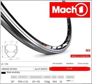 RIM 26" x 17mm - Mach1 MX - 32H - (559 x 17) - Presta Valve - Disc Brake - D/W - BLACK - Made in France - (ERD 534)