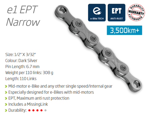 CHAIN - Single Speed - KMC E1 EPT - 110L - DARK SILVER - EcoPro TeQ Coating - w/Connect Link - (Ebike Chain, higher pin power for e-Bike torque)
