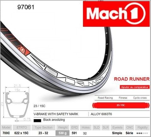 RIM 700c x 15mm - Mach1 ROAD RUNNER - 32H - (622 x 15) - Presta Valve - Rim Brake - D/W - BLACK - MSW - (22.2mm Deep) - (ERD 591)