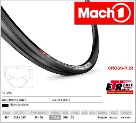RIM 29er x 23mm - Mach1 CROSS R 23 - 32H - (622 x 23) - Presta Valve - Disc Brake - D/W - BLACK - Eyeleted - Tubeless Ready - Made in France - (ERD 599)