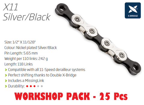 CHAIN WORKSHOP BOX - 11 Speed - KMC X11 - 118L - SILVER/BLACK - X-Series - w/Connect Link - Includes 25 Chains