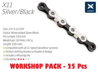 CHAIN WORKSHOP BOX - 11 Speed - KMC X11 - 118L - SILVER/BLACK - X-Series - w/Connect Link - Includes 25 Chains