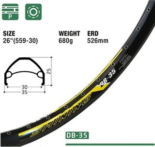 RIM 26" x 30mm - SHINING DB-35 - 36H - (559 x 30) - Presta Valve - Disc Brake - D/W - BLACK - Eyeleted - (Downhill Style)