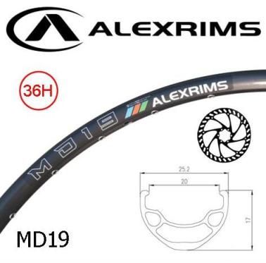 RIM 29er x 20mm - ALEX MD19 - 36H - (622 x 20) - Schrader Valve - Disc Brake - D/W - BLACK - Eyeleted - Tubeless Ready - (ERD 598mm) - (Requires AV tubeless valve)