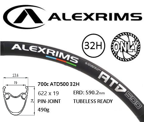 RIM 700c x 19mm - ALEX ATD500 - 32H - (622 x 19) - Presta Valve - Disc Brake - D/W - BLACK - Tubeless Ready - (ERD 588mm)