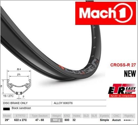RIM 29er x 27mm - Mach1 CROSS R 27 - 32H - (622 x 27) - Presta Valve - Disc Brake - D/W - BLACK - Eyeleted - Tubeless Ready - Made in France - (ERD 600)