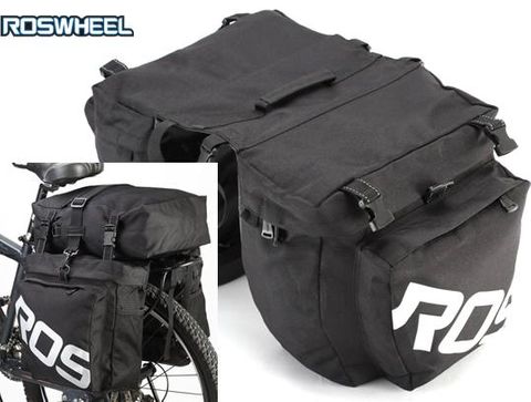 ROSWHEEL Pannier set, Top bag and side bags, water resistant,  Side bags H33/W30cm, Top bag  H34/W30cm, 1000D reinforced polyester, Black