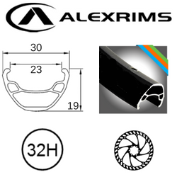 RIM 29er x 23mm - ALEX FR30 - 32H - (622 x 23) - Schrader Valve - Disc Brake - D/W - BLACK - (E-bike Compatible - 30mm OD)