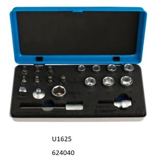 Unior Drivers and sockets Set, Torx bits sizes 25, 27 and 30, Hex bits sizes 3, 4, 5, 6, 8, 10, Socket sizes 8, 9, 10, 11, 12, 13, 14, 15, Adapters 1/4" - 3/8" and 3/8" - 1/4", 624040 Quality