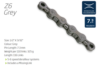 CHAIN - 5-6 Speed - KMC Z6 - 116L - GREY - w/Connect Link