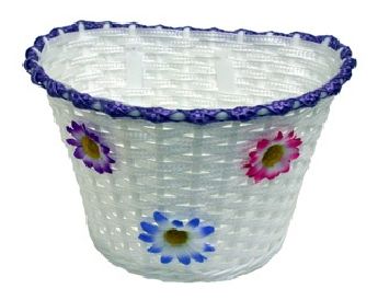 BASKET, Kids, White Woven with LILAC/PURPLE strip and small flowers, Plastic, 12-16" bikes