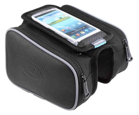 SAHOO Top Bar Bag with Phone Holder, velcro attach Large 19/H11/W5cm, Black, 2 main pockets. 1 phone pocket w/clear PVC.