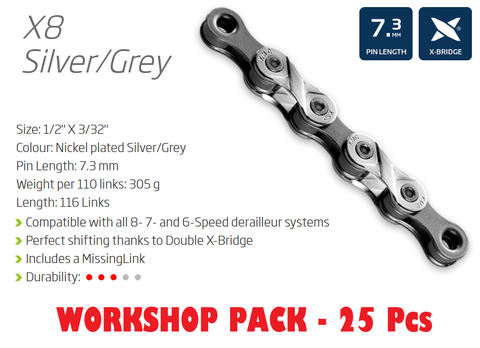 CHAIN WORKSHOP BOX - 6-8 Speed - KMC X8.93 - 116L - SILVER/GREY - w/Connect Link - Includes 25 Chains