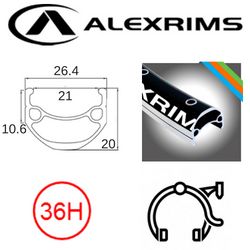 RIM 26" x 21mm - ALEX DM21 - 36H - (559 x 21) - Schrader Valve - Rim Brake - D/W - BLACK - MSW - (E-bike Compatible) - (ERD 536)