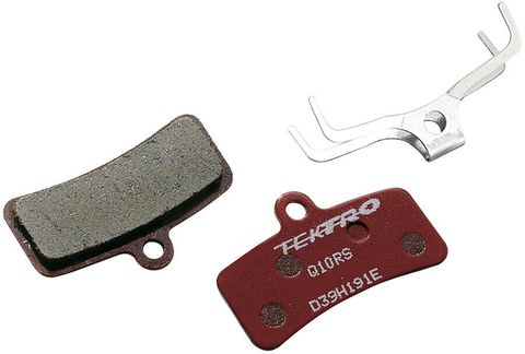 Disc brake pads, TEKTRO, Mod.Q10RS, semi metallic organic for Tektro/shimano 4 piston caliper, w/return spring, red color.