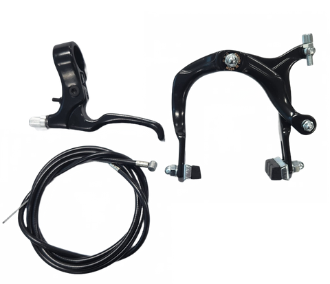 Brake Set,  Lefthand 2 finger brake lever Black, with rear BMX brake caliper Black and 2P brake cable