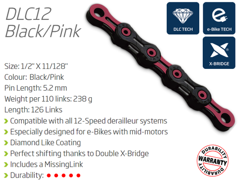 CHAIN - 12 Speed - KMC DLC12 - 126L - PINK - DLC Diamond Hard - X-Series - w/Connect Link