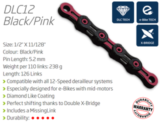 CHAIN - 12 Speed - KMC DLC12 - 126L - PINK - DLC Diamond Hard - X-Series - w/Connect Link