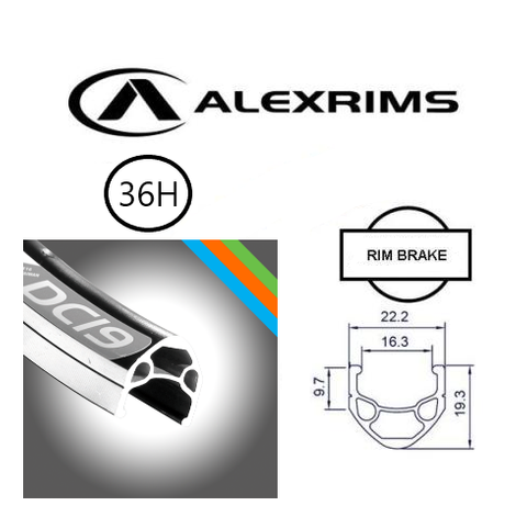 RIM 700c x 16mm - ALEX DC19 - 36H - (622 x 16) - Schrader Valve - Rim Brake - D/W - BLACK - MSW - (ERD595) (Non Eyeleted)