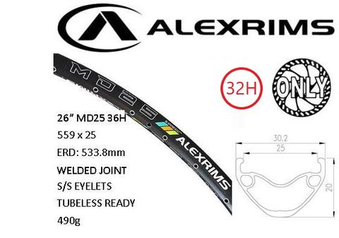 RIM 26" x 25mm - ALEX MD25 - 32H - (559 x 25) - Schrader Valve - Disc Brake - D/W - BLACK - Eyeleted - Tubeless Ready - (ERD 533) - (Requires AV tubeless valve)