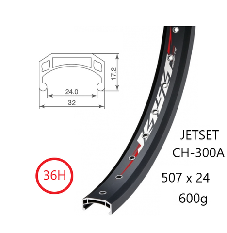 RIM 24" x 24mm - JETSET CH-308A - 36H - (507 x 24) - Presta Valve - Rim Brake - D/W - BLACK - Eyeleted - MSW - Quality Jetset rim made in Taiwan - (ERD 492)