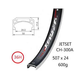 RIM 24" x 24mm - JETSET CH-308A - 36H - (507 x 24) - Presta Valve - Rim Brake - D/W - BLACK - Eyeleted -Silver MSW - Quality Jetset rim made in Taiwan - (ERD 492)
