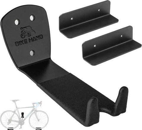 Bicycle wall hanger, using Pedal to easily mount on wall bracket with additional wheel supports, Black