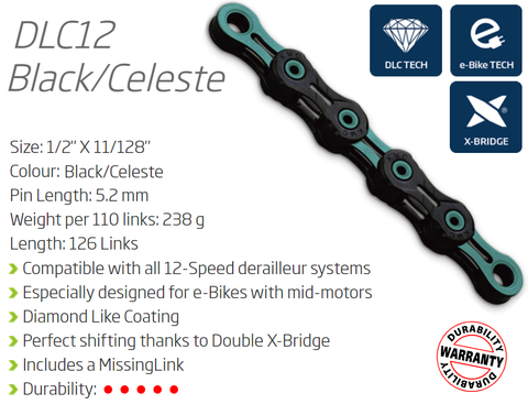 CHAIN - 12 Speed - KMC DLC12 - 126L - CELESTE / BLACK - DLC Diamond Hard - X-Series - w/Connect Link