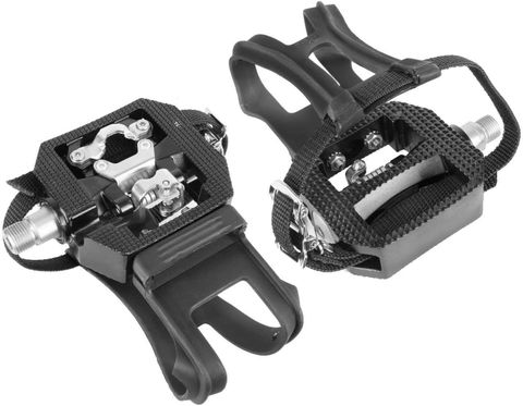 EXERCISE PEDALS  -  9/16" Cro-Mo Axle - SPD One Side, Toe Clip Opposite -  Cleats included.
